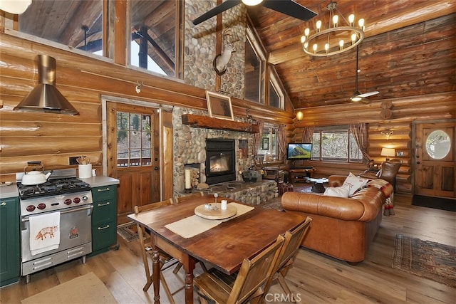 29632 Hook Creek Rd, Cedar Glen, CA 92321 - living room featuring wooden ceiling, rustic walls, a ceiling fan, high vaulted ceiling, and wood finished floors