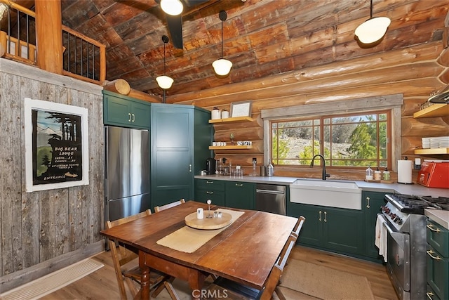 29632 Hook Creek Rd, Cedar Glen, CA 92321 - kitchen featuring green cabinets, open shelves, appliances with stainless steel finishes, light wood-style floors, and vaulted ceiling