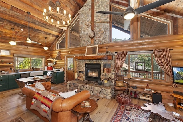 29632 Hook Creek Rd, Cedar Glen, CA 92321 - living room featuring a wooden ceiling with exposed beams, log walls, ceiling fan, high vaulted ceiling, and light wood finished floors