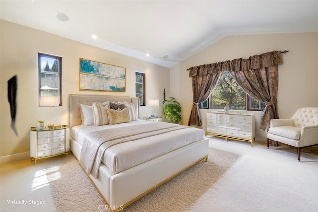 3 Observatory, Newport Coast, CA 92657 - bedroom featuring light carpet, vaulted ceiling, baseboards, and recessed lighting