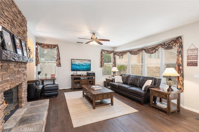 2845 Keystone Cir, Corona, CA 92882 - living room with ceiling fan, a fireplace, wood finished floors, and baseboards