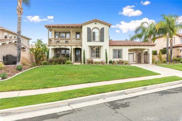 2845 Keystone Cir, Corona, CA 92882 - mediterranean / spanish-style house with a balcony, a tiled roof, concrete driveway, and stucco siding