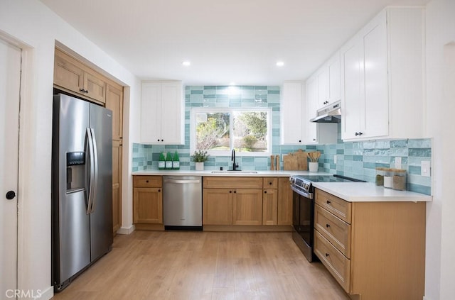 kitchen with tasteful backsplash, a sink, light wood-type flooring, under cabinet range hood, and stainless steel appliances