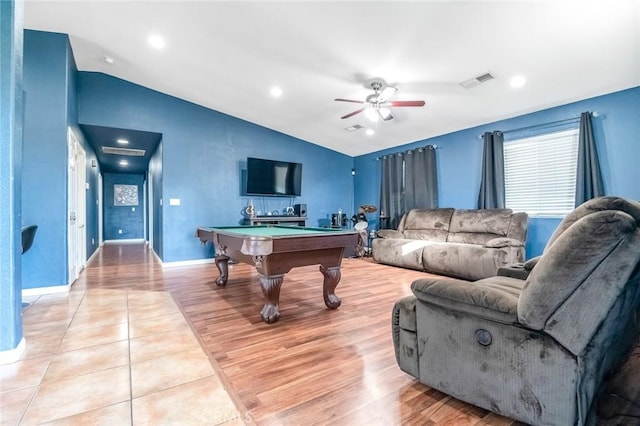 game room with visible vents, billiards, a ceiling fan, and vaulted ceiling