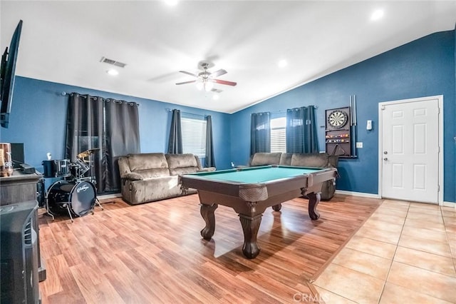 game room featuring light wood finished floors, visible vents, pool table, ceiling fan, and lofted ceiling