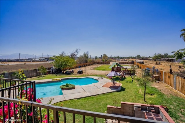 6351 Deacon Ave, Bakersfield, CA 93307 - view of pool with a lawn, a patio, a fenced backyard, and a fenced in pool