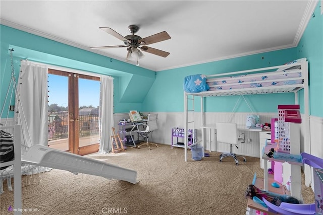 6351 Deacon Ave, Bakersfield, CA 93307 - carpeted bedroom with wainscoting, crown molding, and access to outside