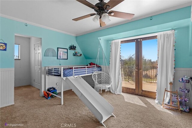 6351 Deacon Ave, Bakersfield, CA 93307 - bedroom featuring a wainscoted wall, carpet flooring, french doors, and access to outside