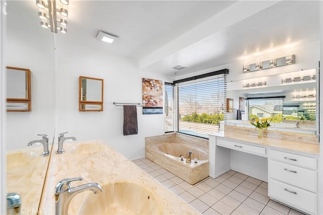 42851 Lemonwood Dr, Lancaster, CA 93536 - bathroom featuring double vanity, a bath, and tile patterned flooring