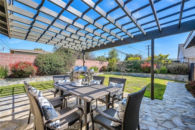 view of patio with a pergola, outdoor dining area, and a fenced backyard
