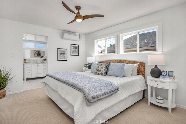 bedroom featuring a ceiling fan, baseboards, a wall mounted air conditioner, and light carpet