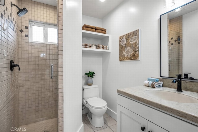 bathroom featuring tile patterned floors, a stall shower, toilet, and vanity
