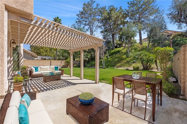 view of patio / terrace featuring an outdoor living space, outdoor dining area, a fenced backyard, and a pergola