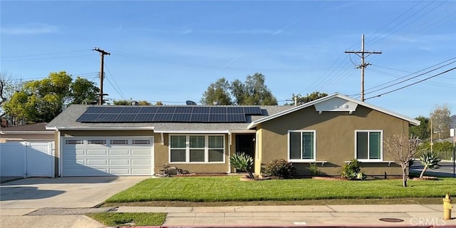 single story home featuring stucco siding, driveway, a front yard, a garage, and fence