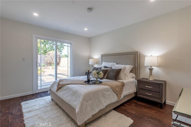 bedroom with recessed lighting, access to outside, baseboards, and dark wood-style floors