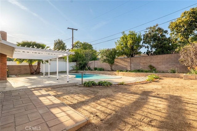 view of pool with a fenced backyard, a fenced in pool, a patio, and a pergola