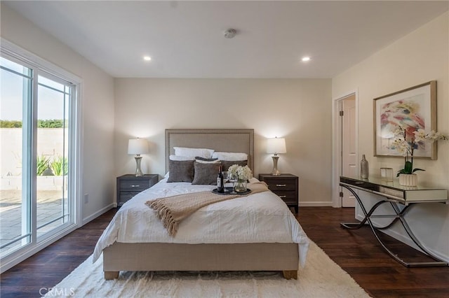 bedroom featuring dark wood-type flooring, baseboards, access to outside, and recessed lighting