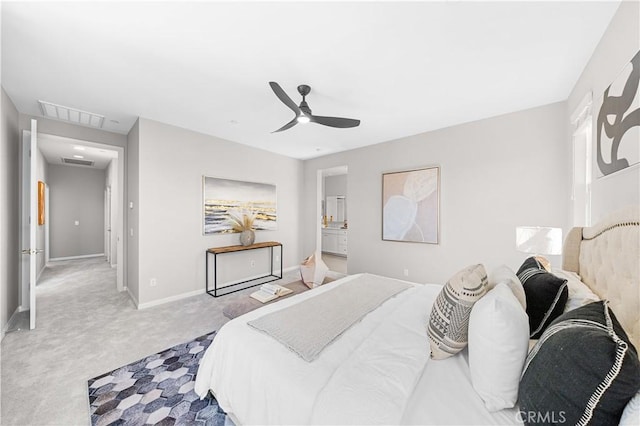 bedroom featuring a ceiling fan, light colored carpet, visible vents, and baseboards