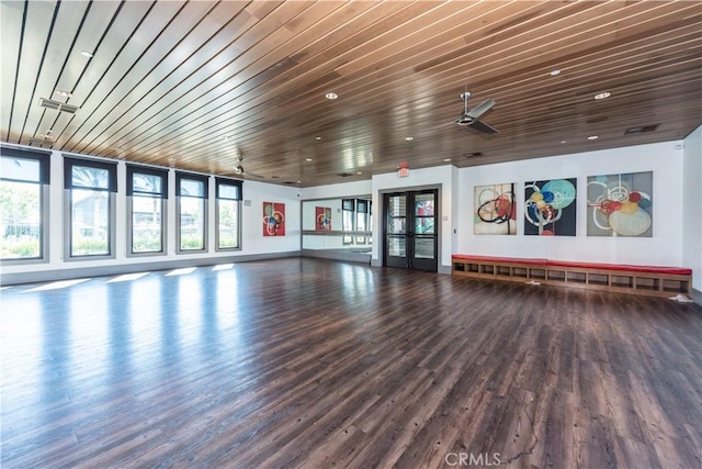 workout room with wood finished floors, recessed lighting, wooden ceiling, baseboards, and ceiling fan