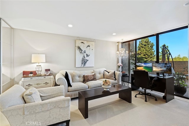 living room with carpet flooring, a wall of windows, and recessed lighting