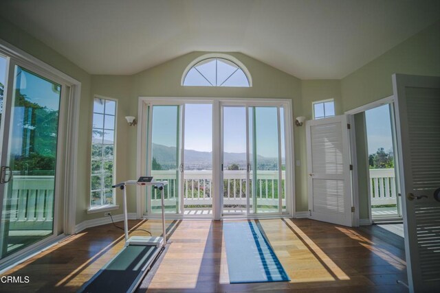 600 Monte Vista Dr, Santa Paula, CA 93060 - interior space featuring a mountain view, plenty of natural light, hardwood / wood-style floors, and vaulted ceiling