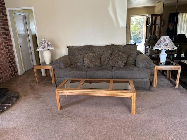 4026 Vista Grande Dr, San Diego, CA 92115 - living room featuring carpet and brick wall
