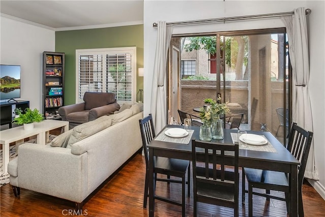 2304 Archwood Ln Unit 98, Simi Valley, CA 93063 - dining space with dark wood-style floors, ornamental molding, and a desk
