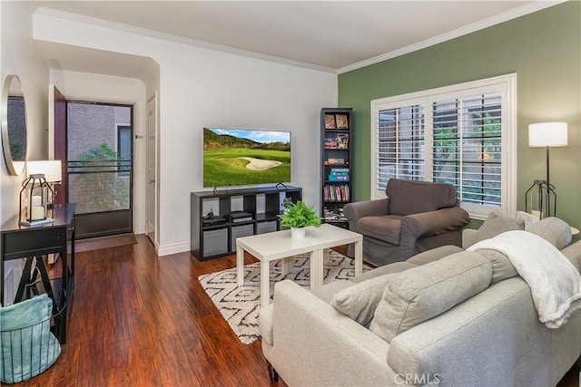2304 Archwood Ln Unit 98, Simi Valley, CA 93063 - living room with ornamental molding, dark wood-style floors, and baseboards