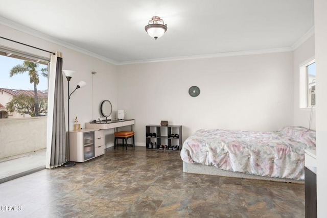 bedroom featuring ornamental molding and access to outside
