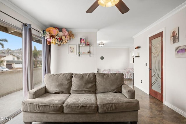 living room with baseboards, a ceiling fan, and crown molding