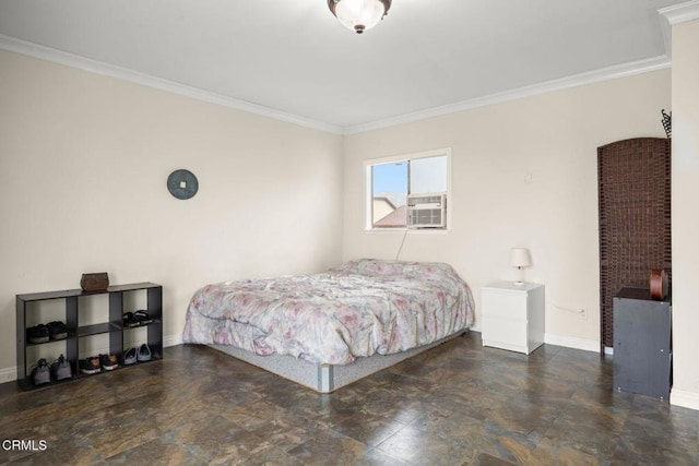 bedroom with cooling unit, baseboards, and ornamental molding