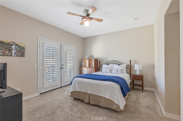 carpeted bedroom with baseboards, access to exterior, and ceiling fan