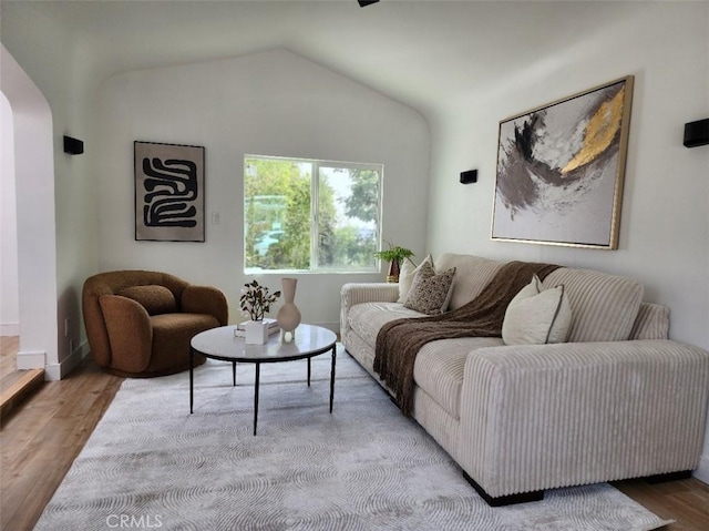 living room with lofted ceiling, baseboards, wood finished floors, and arched walkways