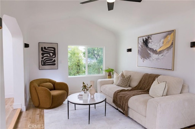 5106 O Sullivan Dr, Los Angeles, CA 90032 - living area featuring ceiling fan, lofted ceiling, arched walkways, light wood-type flooring, and baseboards