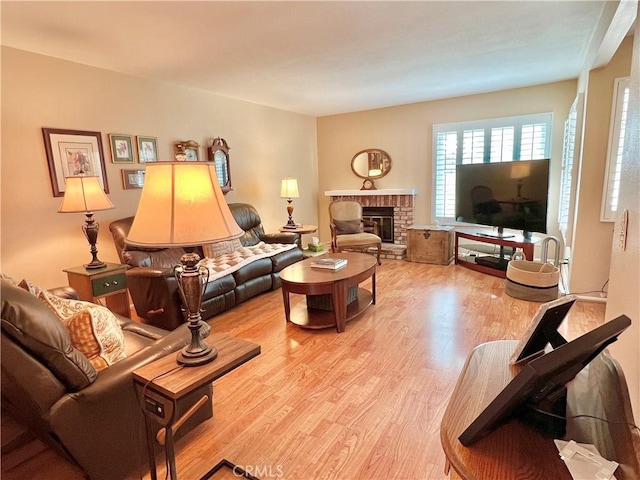 living area with wood finished floors and a fireplace