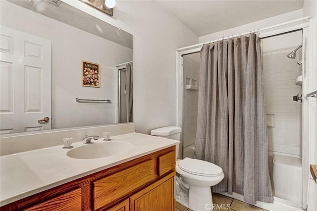 1454 Congress Way, San Jacinto, CA 92583 - full bathroom featuring vanity, shower / tub combo with curtain, tile patterned floors, and toilet