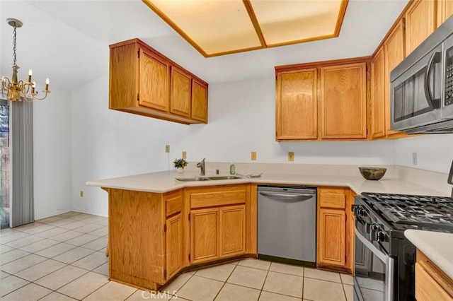 1454 Congress Way, San Jacinto, CA 92583 - kitchen featuring a sink, light countertops, a chandelier, stainless steel appliances, and light tile patterned flooring