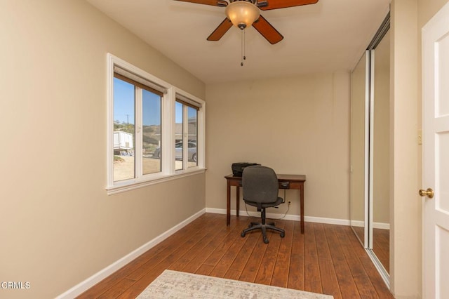 office featuring dark wood finished floors, baseboards, and ceiling fan