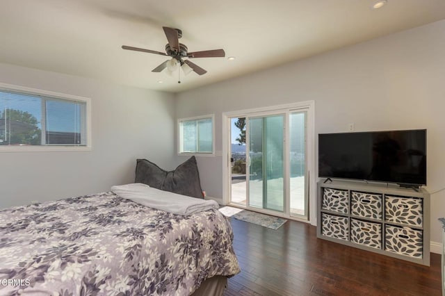bedroom featuring recessed lighting, hardwood / wood-style flooring, ceiling fan, and access to outside