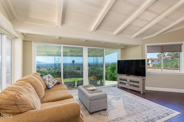 living room featuring dark wood finished floors, lofted ceiling with beams, and baseboards