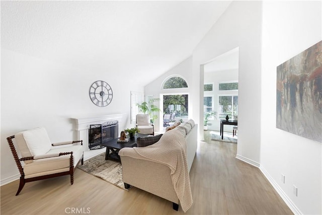 4 Malaquita, Coto De Caza, CA 92679 - living room with baseboards, a fireplace, high vaulted ceiling, and wood finished floors
