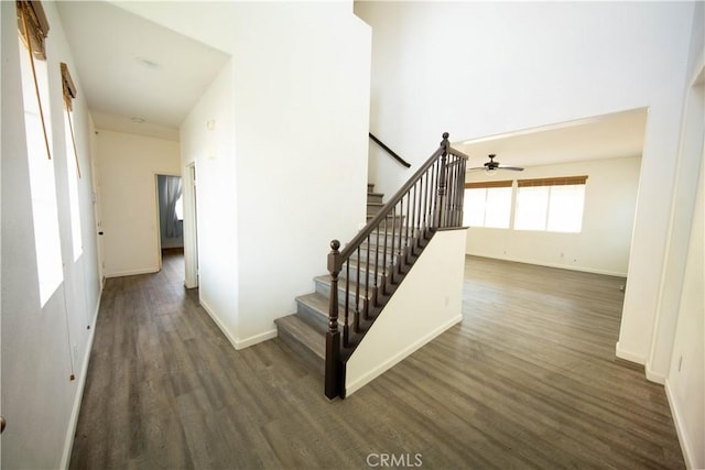 staircase featuring a ceiling fan, wood finished floors, and baseboards