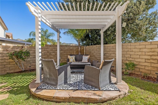 view of patio / terrace with a fenced backyard, an outdoor hangout area, and a pergola