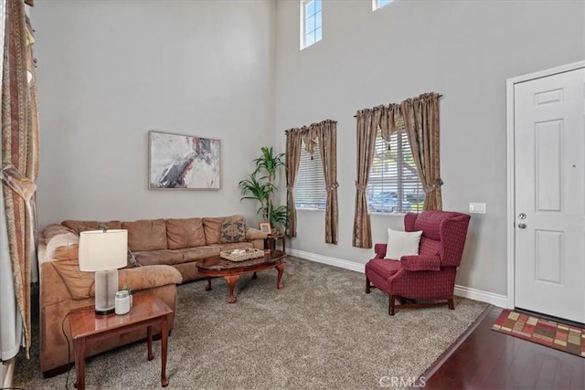 living room featuring a towering ceiling, baseboards, and wood finished floors