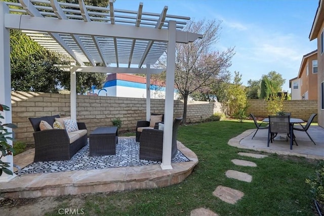 view of yard featuring a pergola, an outdoor living space, a patio, and a fenced backyard