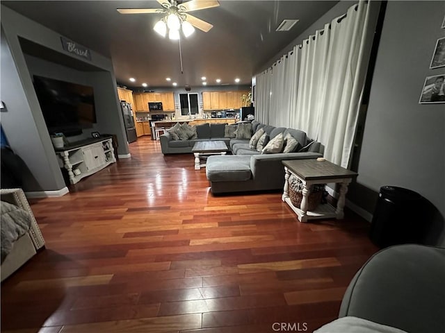 living room with recessed lighting, baseboards, visible vents, a ceiling fan, and wood finished floors