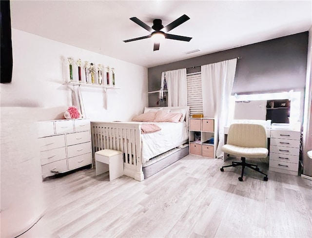 bedroom with visible vents, a ceiling fan, and light wood finished floors