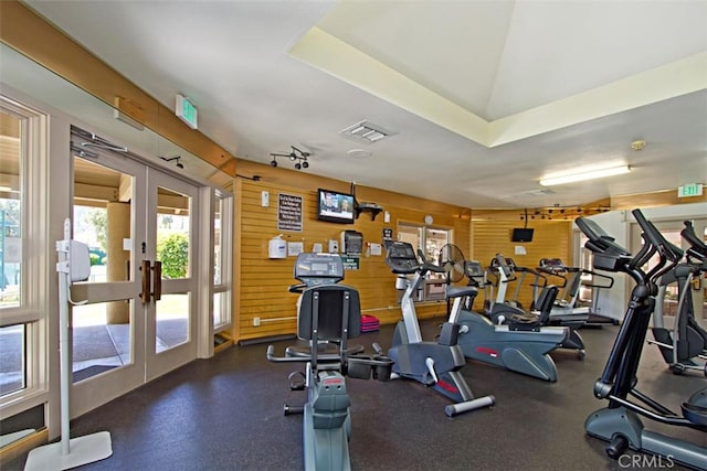 workout area featuring french doors, visible vents, wooden walls, and plenty of natural light