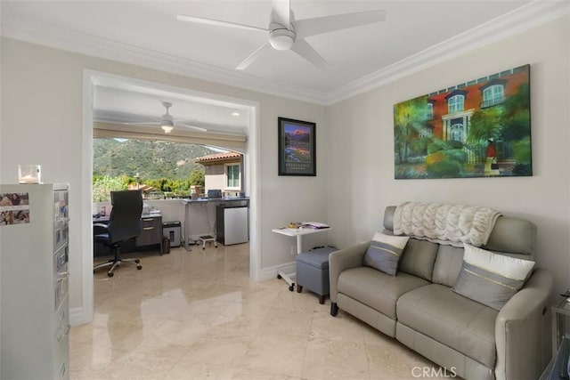 living room featuring baseboards, marble finish floor, a ceiling fan, and crown molding