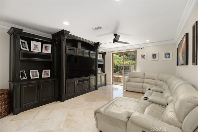 living area with crown molding, visible vents, a ceiling fan, and recessed lighting